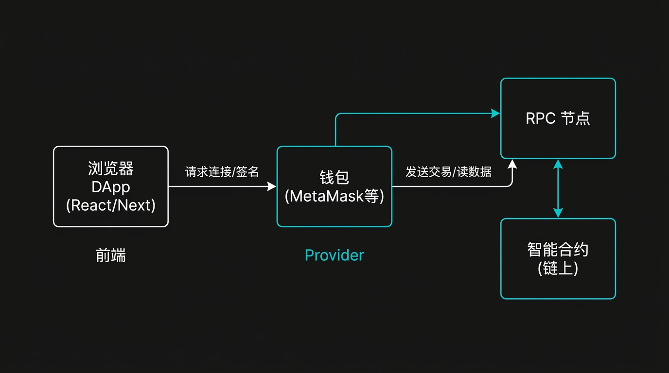 DApp 典型架构：浏览器前端 → 钱包 Provider → RPC → 链上合约