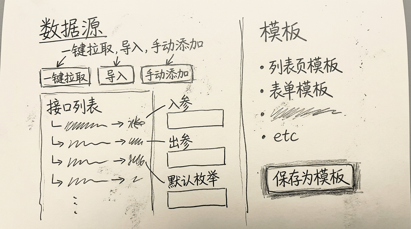 数据源与模板草图：一键拉取/导入/手动添加，入参出参与默认枚举；模板列表与保存为模板
